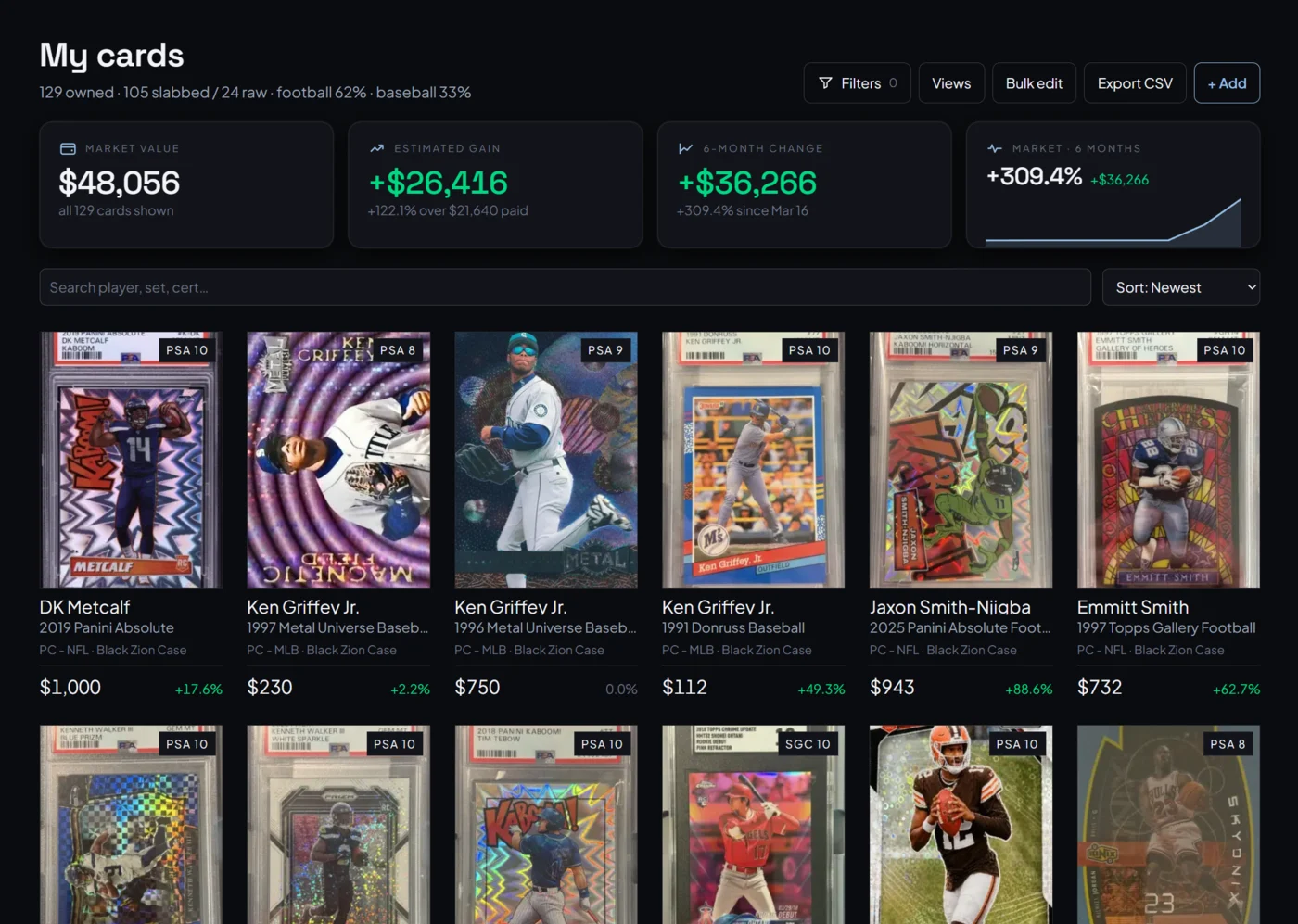 Hobby Pulse My cards view: collection value, gains and a grid of graded cards with current prices