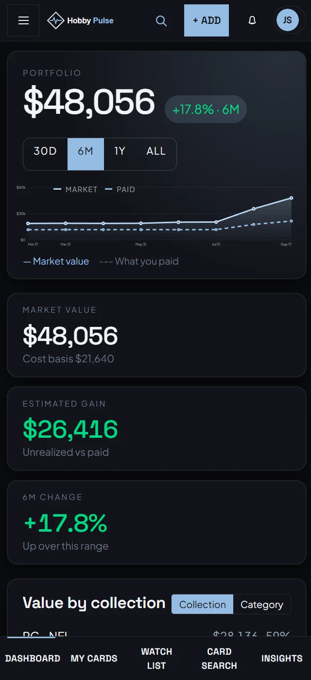 Hobby Pulse mobile dashboard with portfolio value, chart and market value